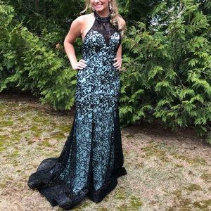 Mint green, black lace prom dress